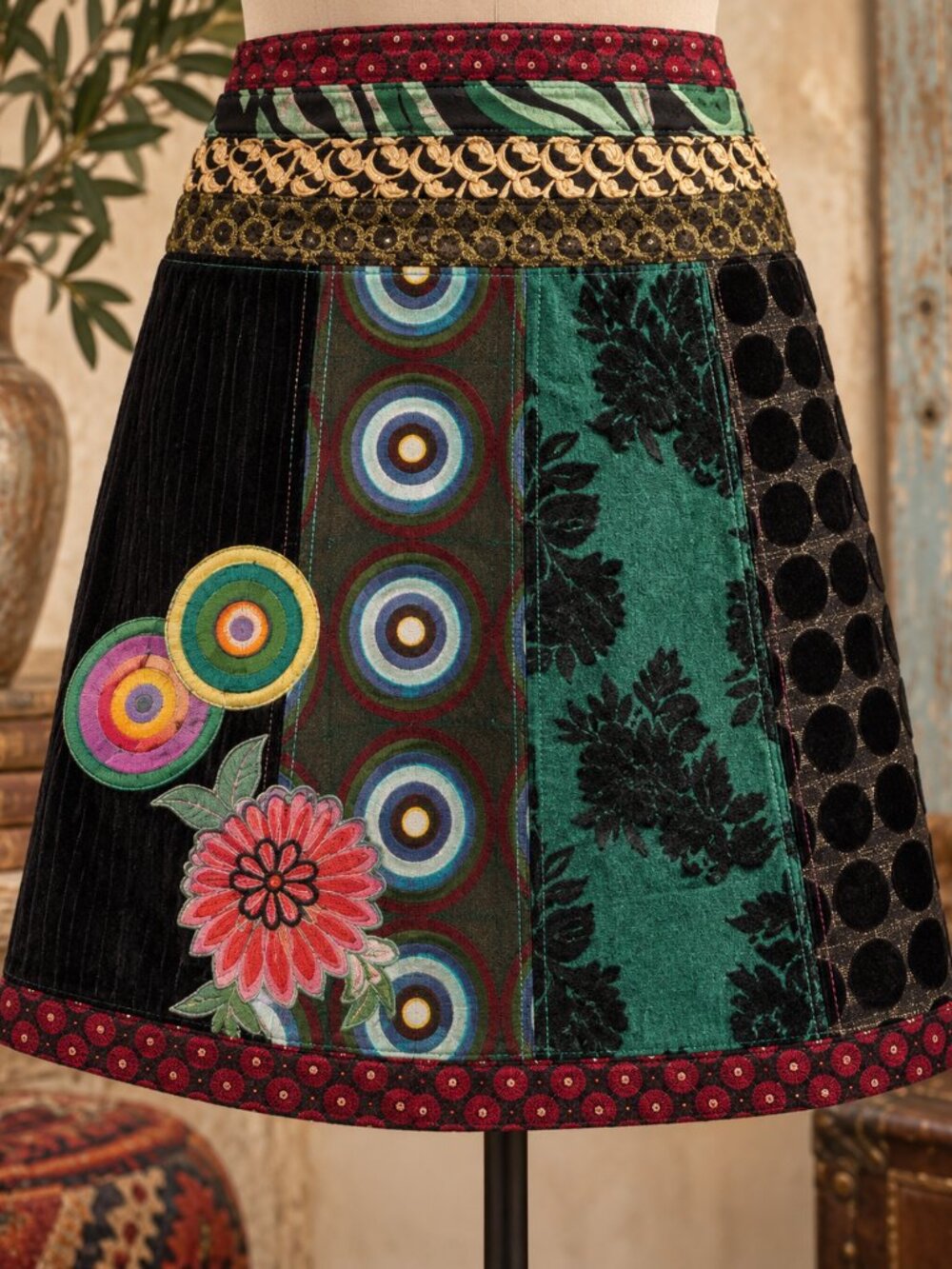 Desigual Patchwork Velvet Mini Skirt EU 38 Y2K Boho Artwear Rare